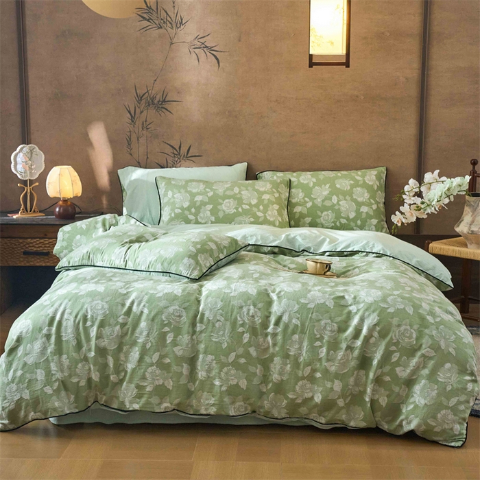 91家纺网 家纺一手货源 找家纺 兰紫橙家纺 2025新款全棉纯棉嵌边色织提花四件套 玫瑰之约-草绿