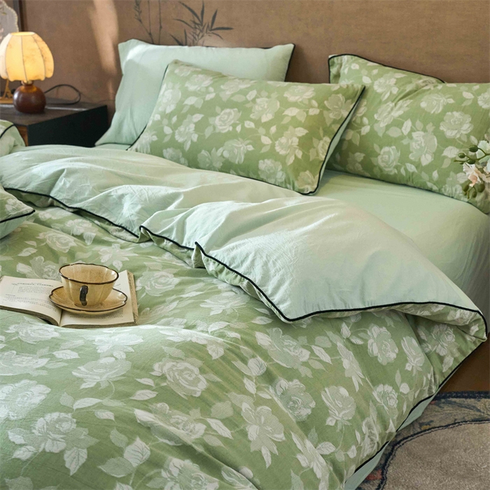 91家纺网 家纺一手货源 找家纺 兰紫橙家纺 2025新款全棉纯棉嵌边色织提花四件套 玫瑰之约-草绿