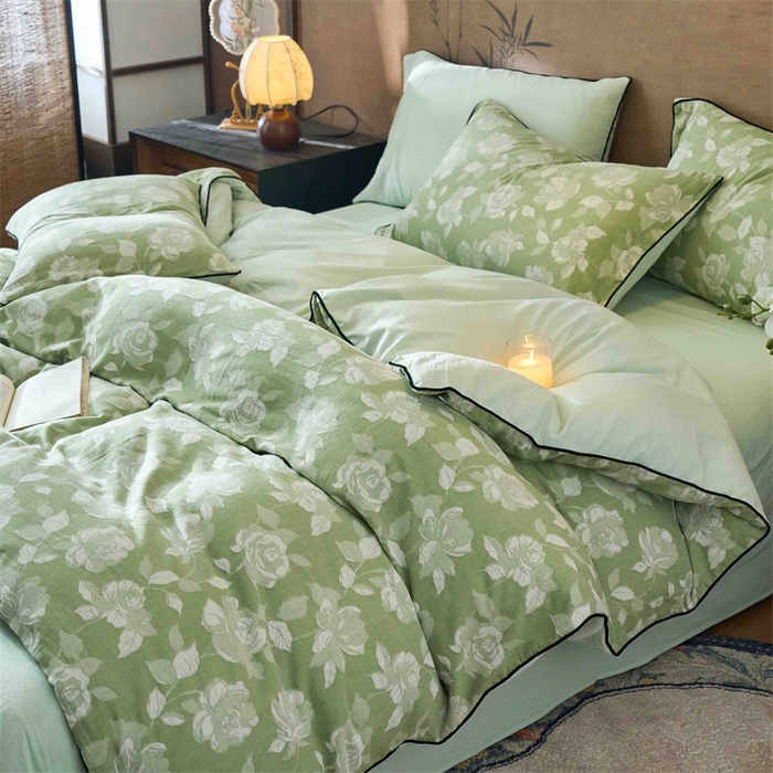 91家纺网 家纺一手货源 找家纺 兰紫橙家纺 2025新款全棉纯棉嵌边色织提花四件套 玫瑰之约-草绿