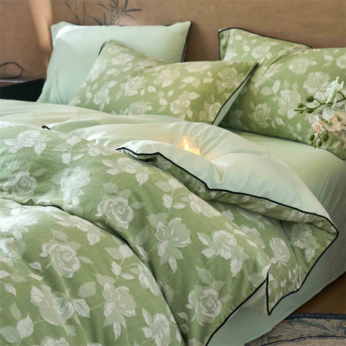 91家纺网 家纺一手货源 找家纺 兰紫橙家纺 2025新款全棉纯棉嵌边色织提花四件套 玫瑰之约-草绿