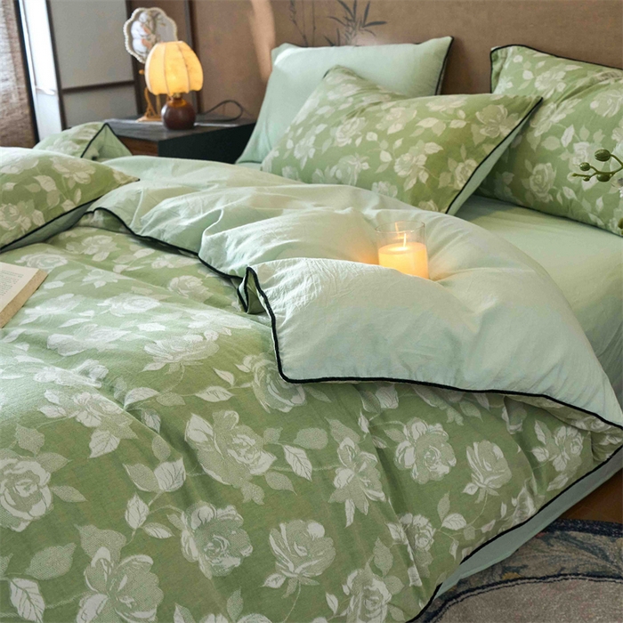 91家纺网 家纺一手货源 找家纺 兰紫橙家纺 2025新款全棉纯棉嵌边色织提花四件套 玫瑰之约-草绿