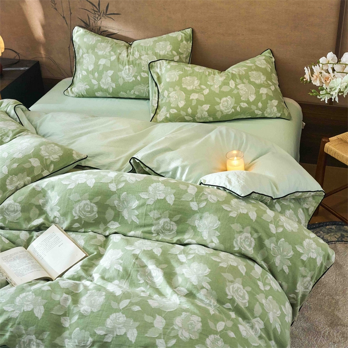 91家纺网 家纺一手货源 找家纺 兰紫橙家纺 2025新款全棉纯棉嵌边色织提花四件套 玫瑰之约-草绿