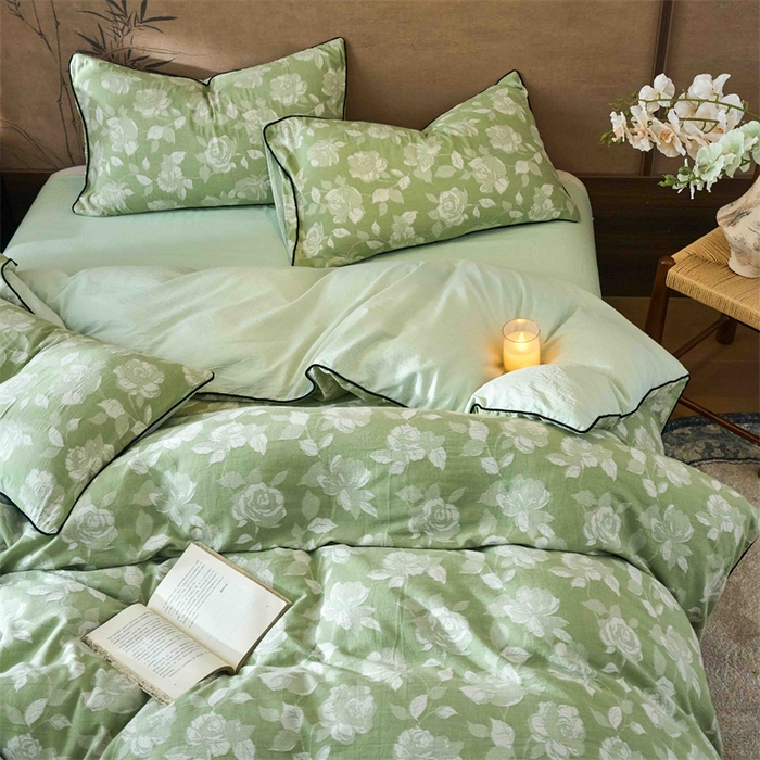 91家纺网 家纺一手货源 找家纺 兰紫橙家纺 2025新款全棉纯棉嵌边色织提花四件套 玫瑰之约-草绿