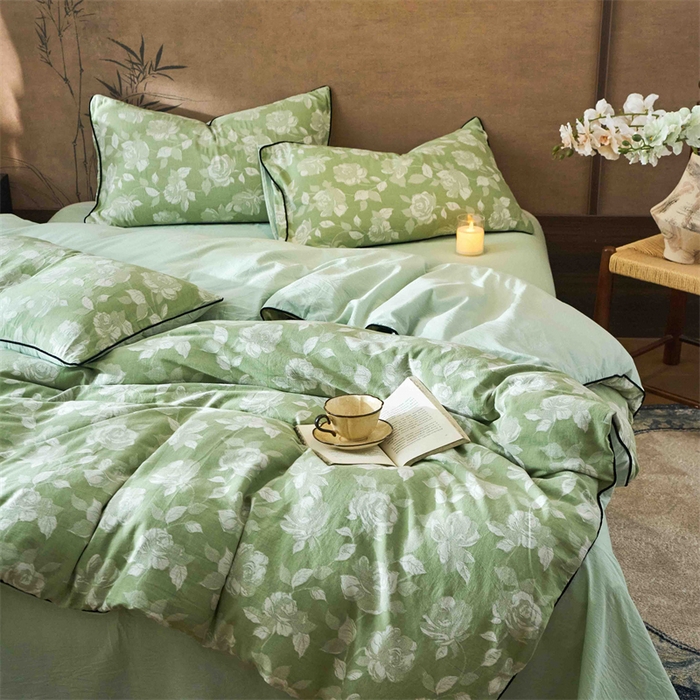 91家纺网 家纺一手货源 找家纺 兰紫橙家纺 2025新款全棉纯棉嵌边色织提花四件套 玫瑰之约-草绿