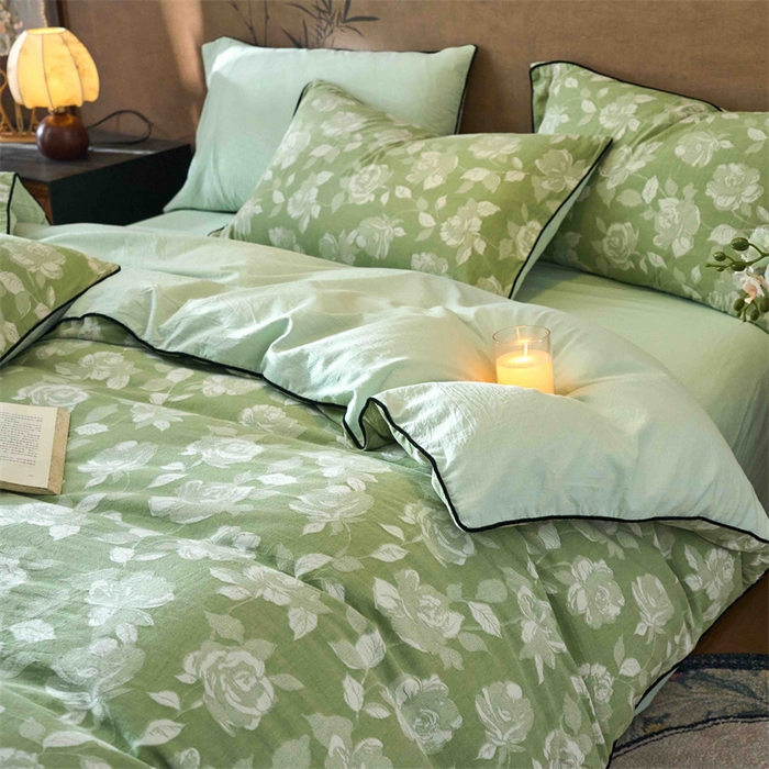 91家纺网 家纺一手货源 找家纺 兰紫橙家纺 2025新款全棉纯棉嵌边色织提花四件套 玫瑰之约-草绿