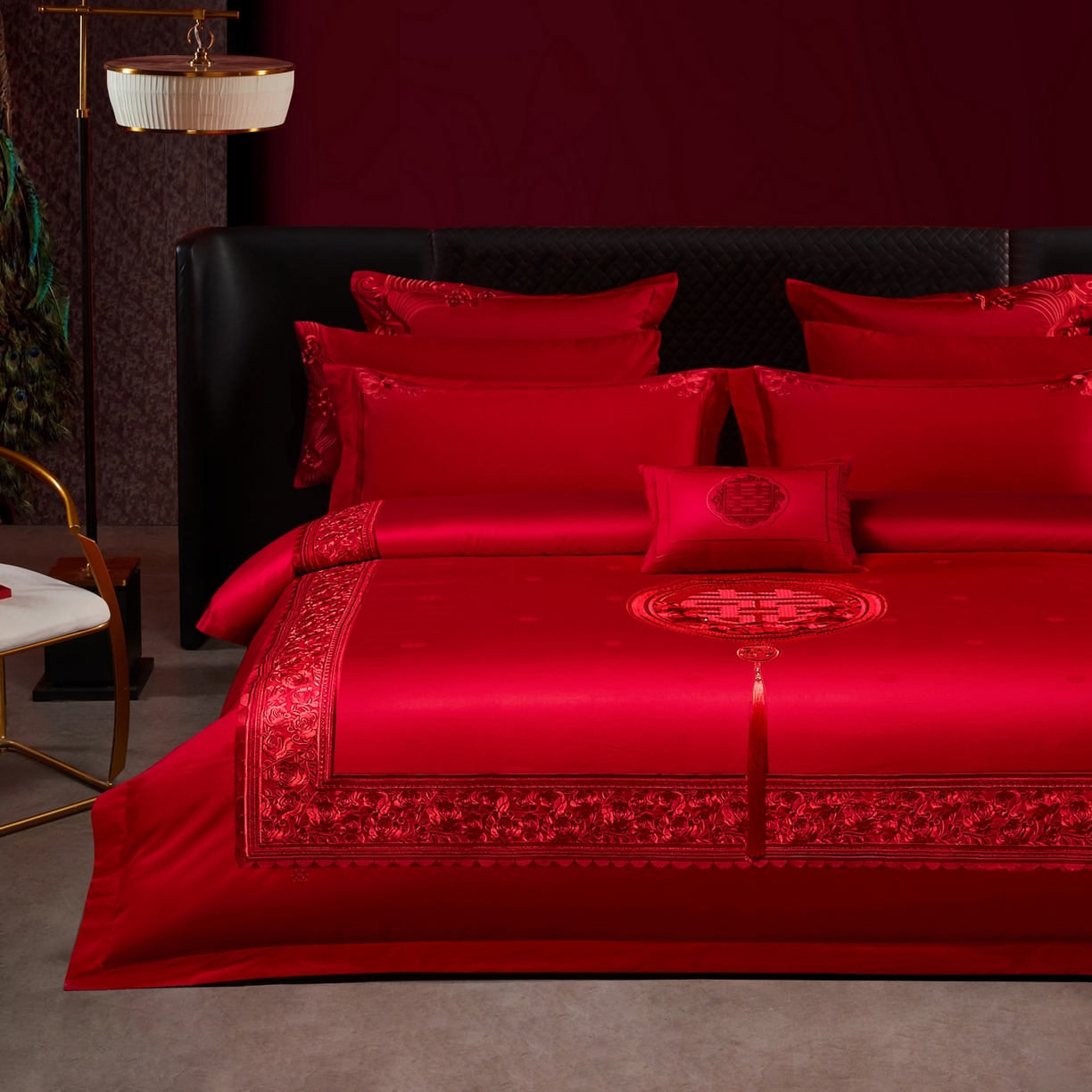 91家纺网 家纺一手货源 找家纺 宏羽纺家纺 2025新款高支高密纯棉婚庆系列四件套 玫瑰花海-红色