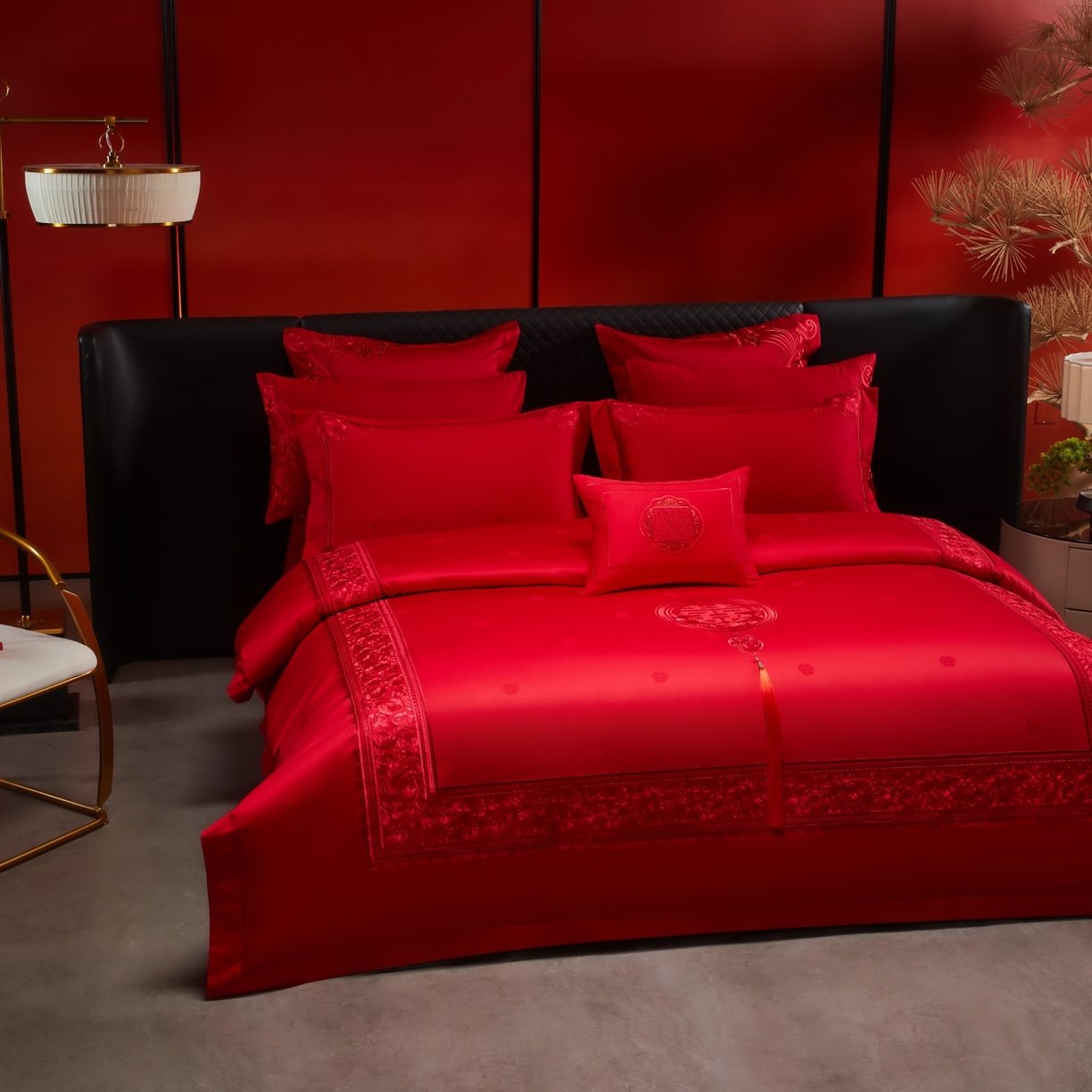 91家纺网 家纺一手货源 找家纺 宏羽纺家纺 2025新款高支高密纯棉婚庆系列四件套 玫瑰花海-红色