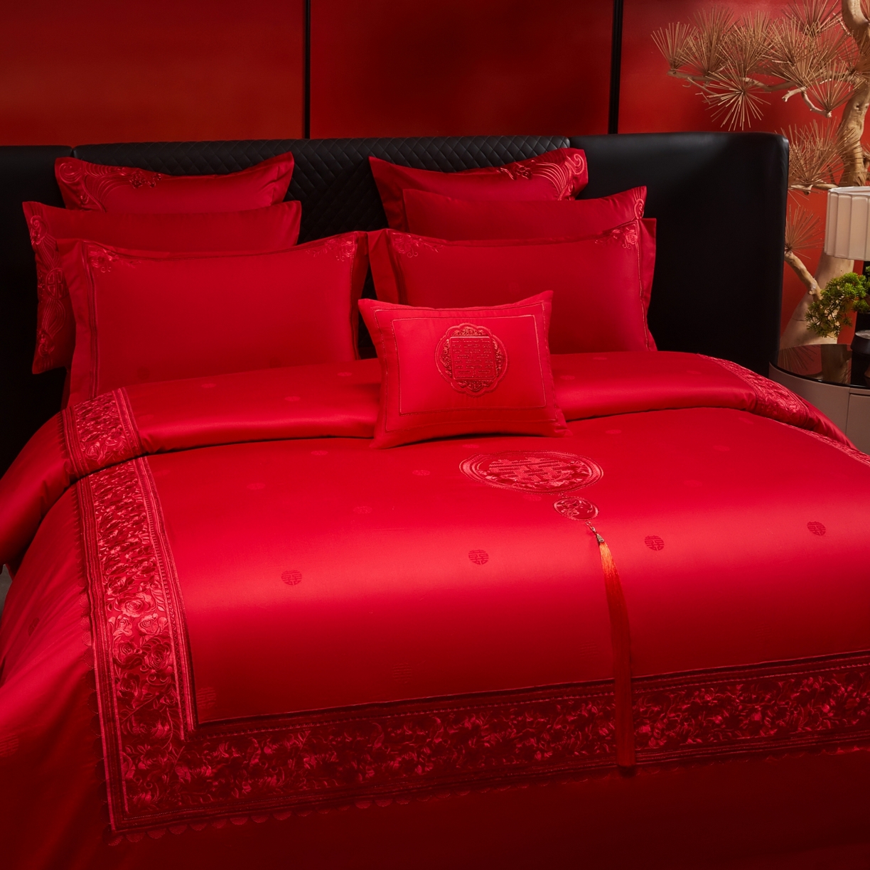 91家纺网 家纺一手货源 找家纺 宏羽纺家纺 2025新款高支高密纯棉婚庆系列四件套 玫瑰花海-红色
