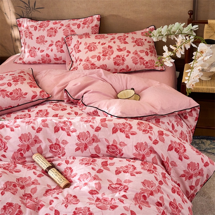 91家纺网 家纺一手货源 找家纺 兰紫橙家纺 2025新款全棉纯棉嵌边色织提花四件套 玫瑰之约-大红