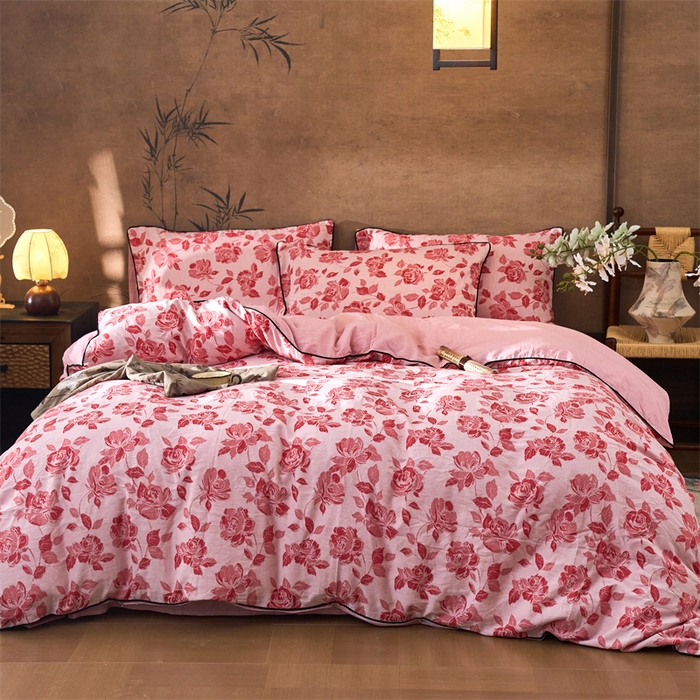 91家纺网 家纺一手货源 找家纺 兰紫橙家纺 2025新款全棉纯棉嵌边色织提花四件套 玫瑰之约-大红