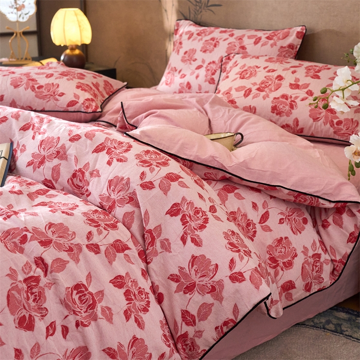 91家纺网 家纺一手货源 找家纺 兰紫橙家纺 2025新款全棉纯棉嵌边色织提花四件套 玫瑰之约-大红