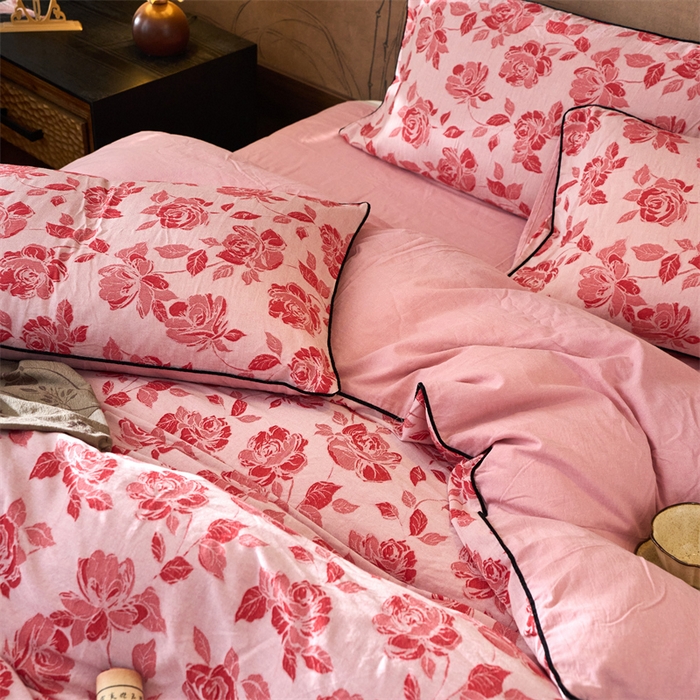 91家纺网 家纺一手货源 找家纺 兰紫橙家纺 2025新款全棉纯棉嵌边色织提花四件套 玫瑰之约-大红