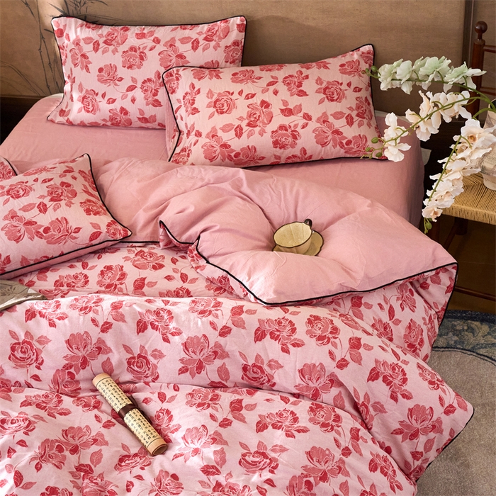 91家纺网 家纺一手货源 找家纺 兰紫橙家纺 2025新款全棉纯棉嵌边色织提花四件套 玫瑰之约-大红