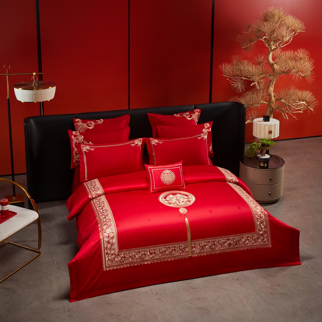 91家纺网 家纺一手货源 找家纺 宏羽纺家纺 2025新款高支高密纯棉婚庆系列四件套 玫瑰花海-金色