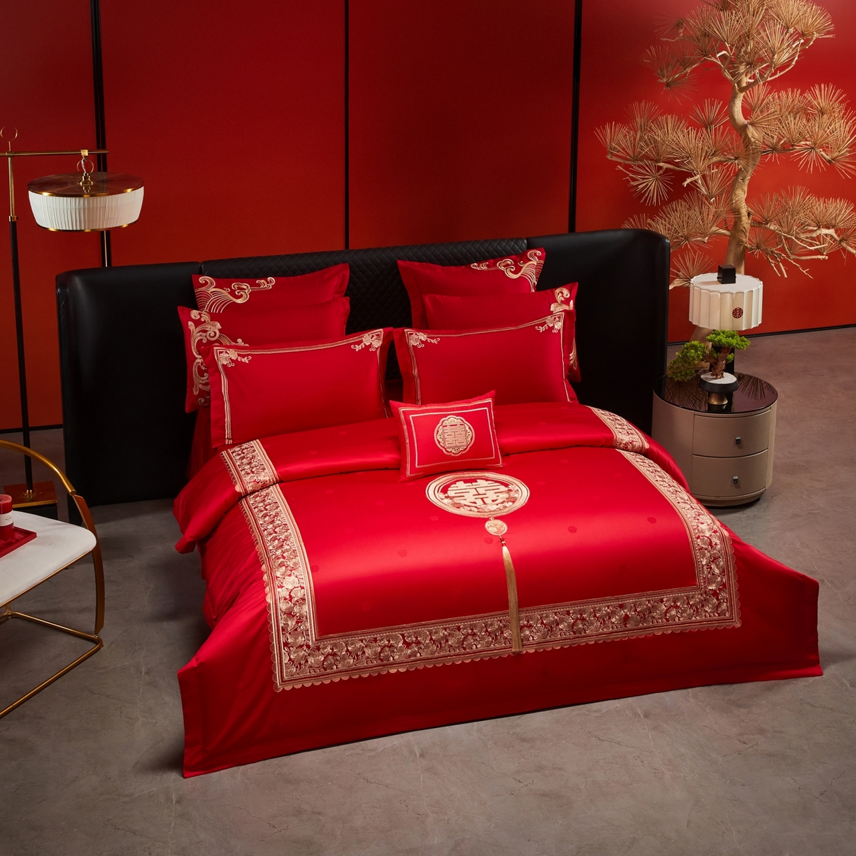 91家纺网 家纺一手货源 找家纺 宏羽纺家纺 2025新款高支高密纯棉婚庆系列四件套 玫瑰花海-金色