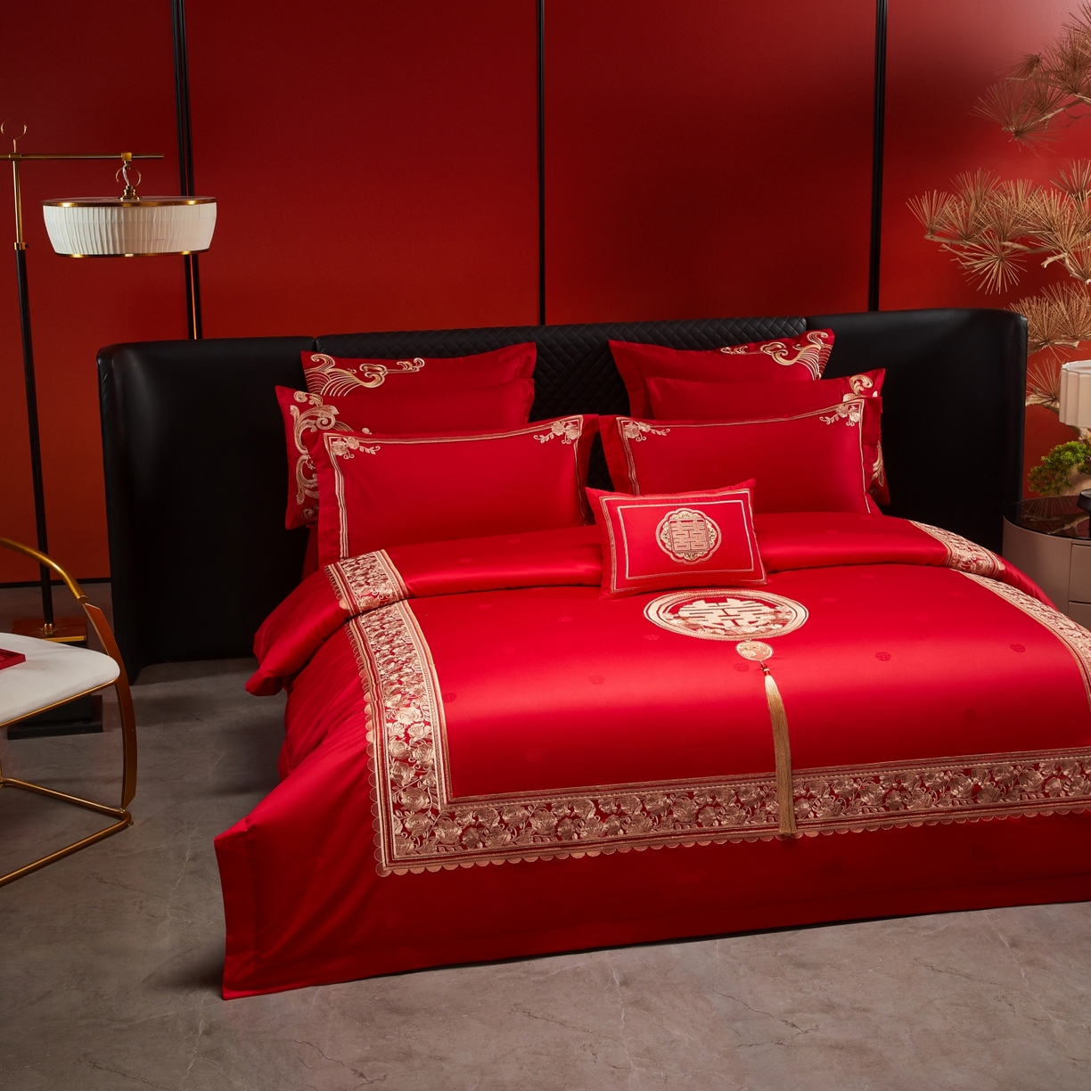 91家纺网 家纺一手货源 找家纺 宏羽纺家纺 2025新款高支高密纯棉婚庆系列四件套 玫瑰花海-金色