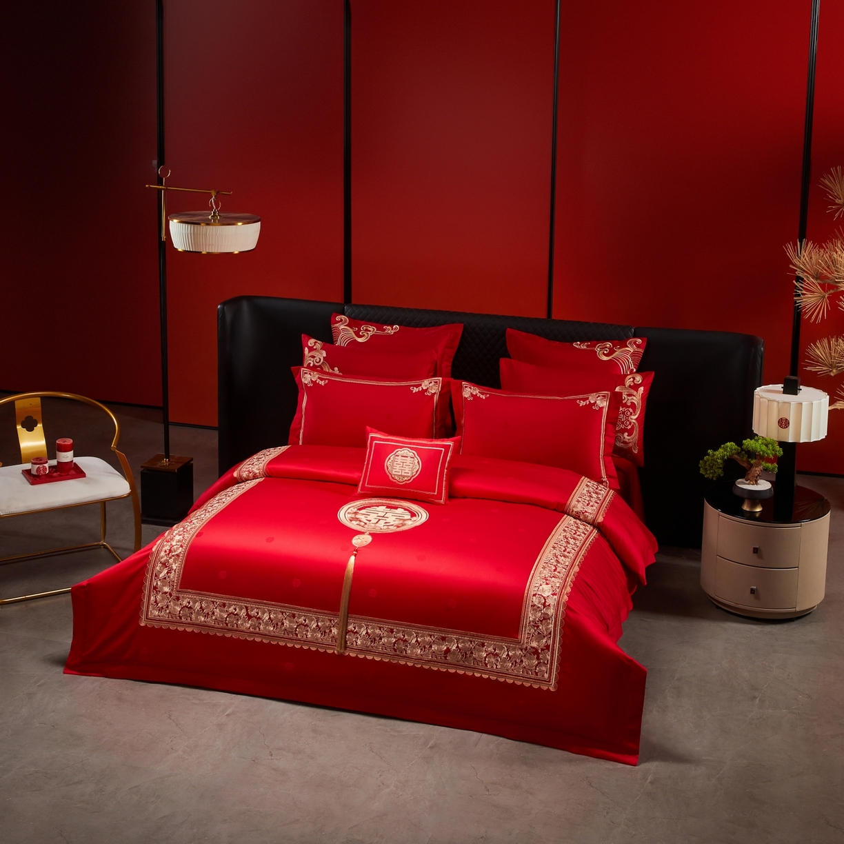 91家纺网 家纺一手货源 找家纺 宏羽纺家纺 2025新款高支高密纯棉婚庆系列四件套 玫瑰花海-金色