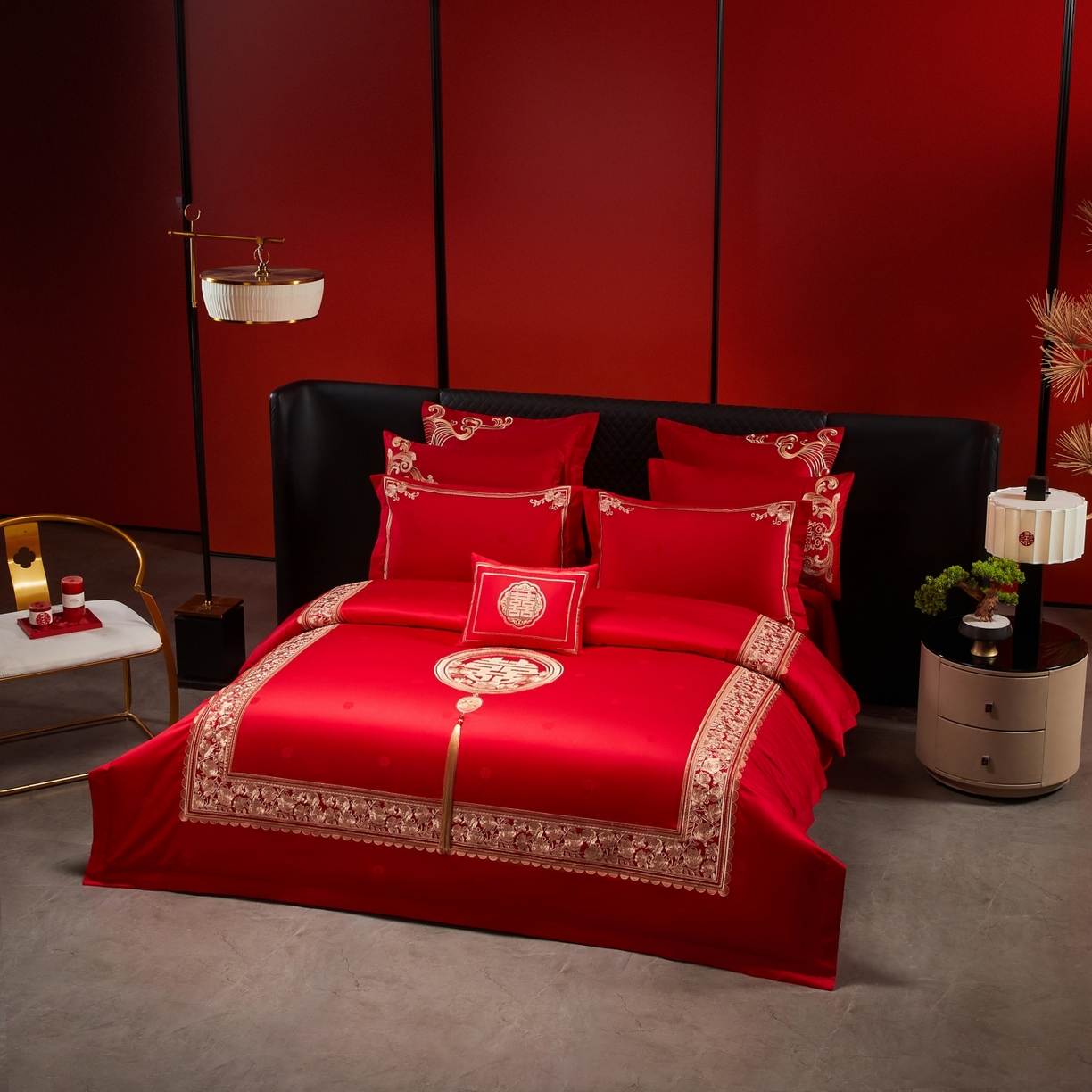 91家纺网 家纺一手货源 找家纺 宏羽纺家纺 2025新款高支高密纯棉婚庆系列四件套 玫瑰花海-金色