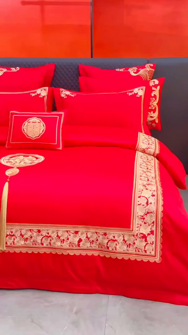 91家纺网 家纺一手货源 找家纺 宏羽纺家纺 2025新款高支高密纯棉婚庆系列四件套 玫瑰花海-金色