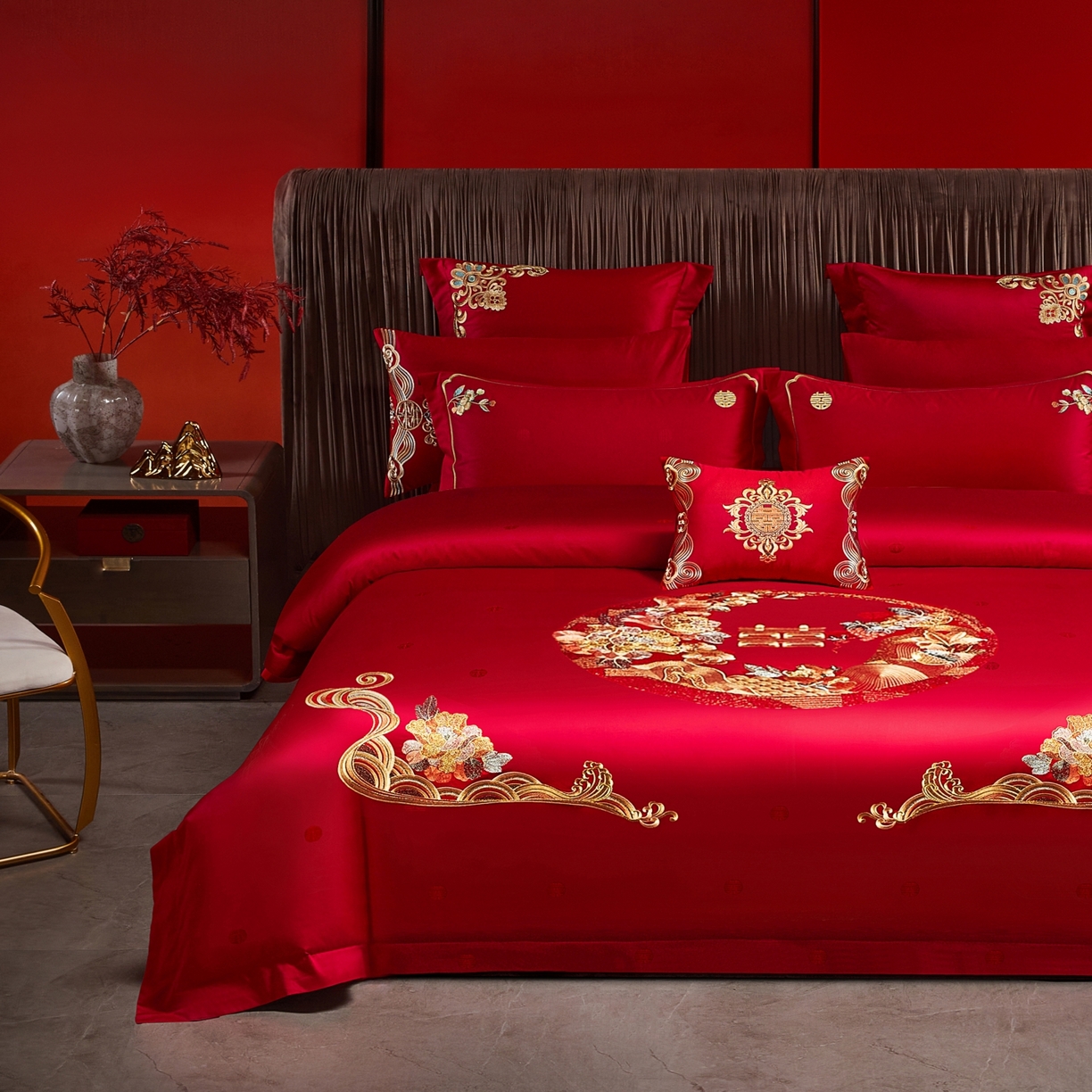 91家纺网 家纺一手货源 找家纺 宏羽纺家纺 2025新款高支高密纯棉婚庆系列四件套 诗情花语