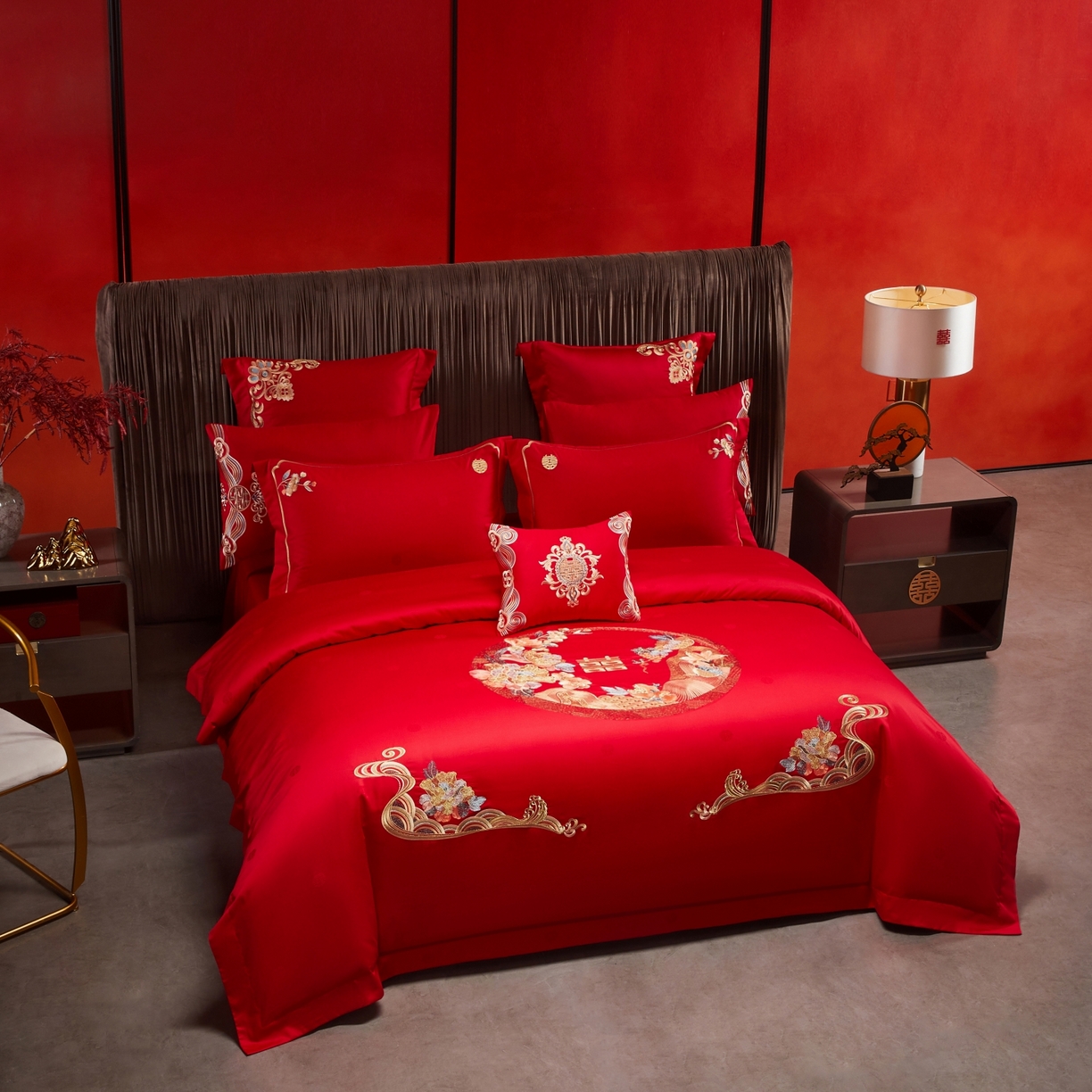 91家纺网 家纺一手货源 找家纺 宏羽纺家纺 2025新款高支高密纯棉婚庆系列四件套 诗情花语