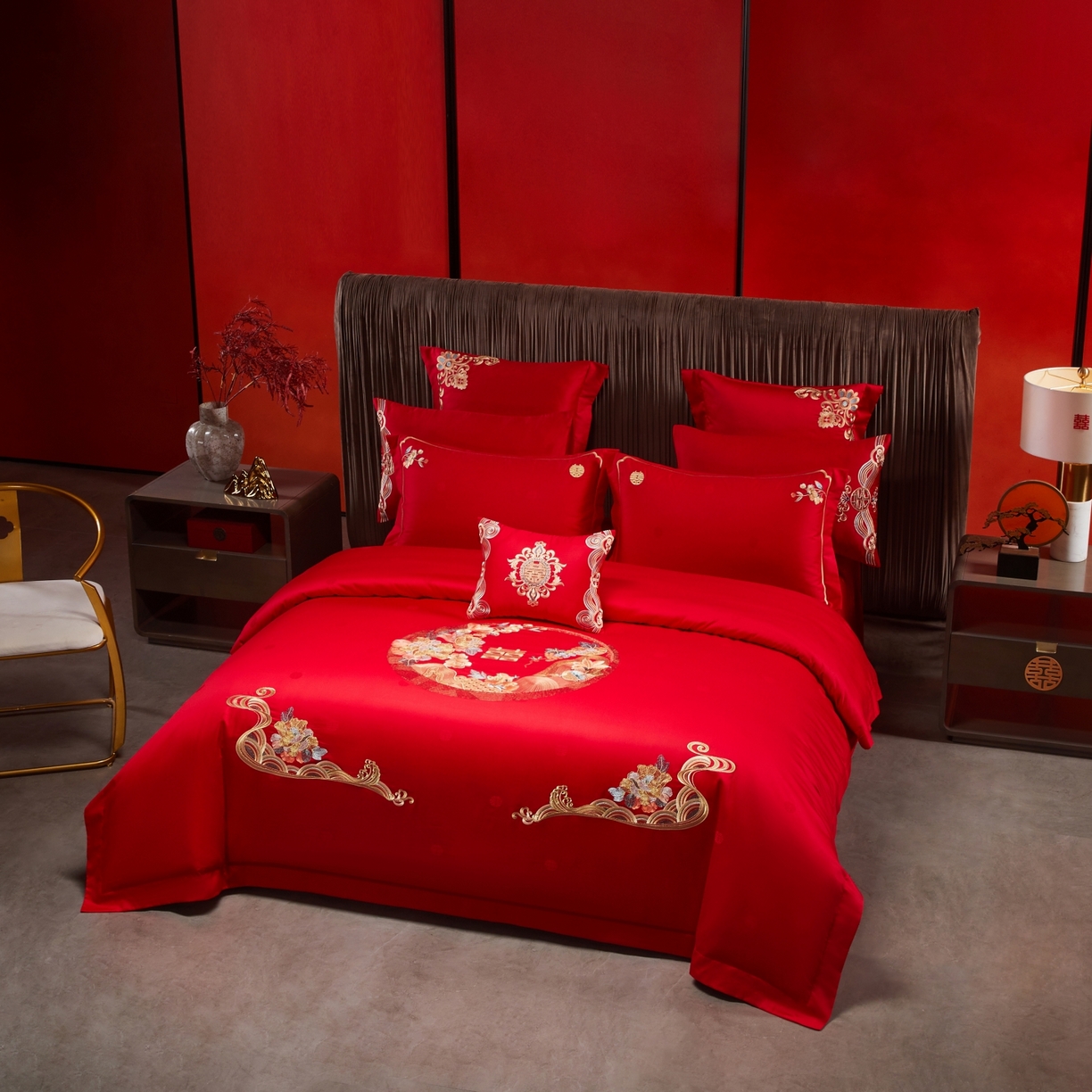 91家纺网 家纺一手货源 找家纺 宏羽纺家纺 2025新款高支高密纯棉婚庆系列四件套 诗情花语