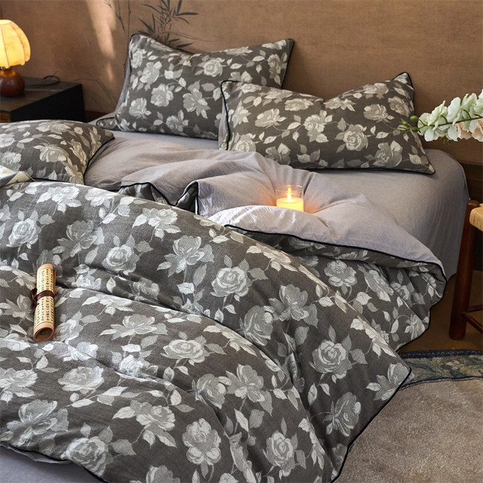 91家纺网 家纺一手货源 找家纺 兰紫橙家纺 2025新款全棉纯棉嵌边色织提花四件套 玫瑰之约-咖啡