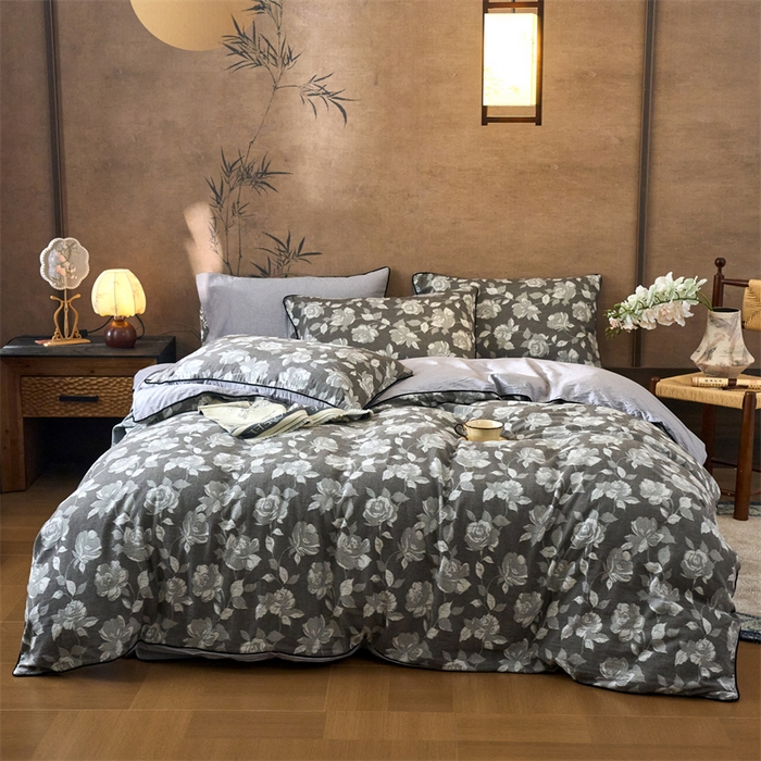 91家纺网 家纺一手货源 找家纺 兰紫橙家纺 2025新款全棉纯棉嵌边色织提花四件套 玫瑰之约-咖啡