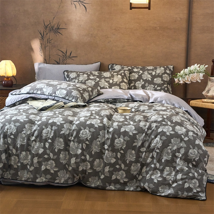 91家纺网 家纺一手货源 找家纺 兰紫橙家纺 2025新款全棉纯棉嵌边色织提花四件套 玫瑰之约-咖啡