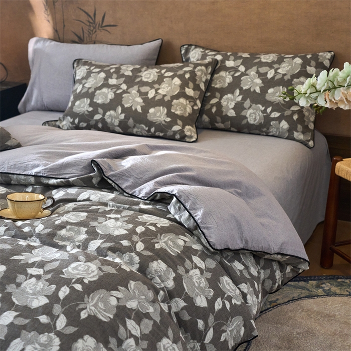 91家纺网 家纺一手货源 找家纺 兰紫橙家纺 2025新款全棉纯棉嵌边色织提花四件套 玫瑰之约-咖啡