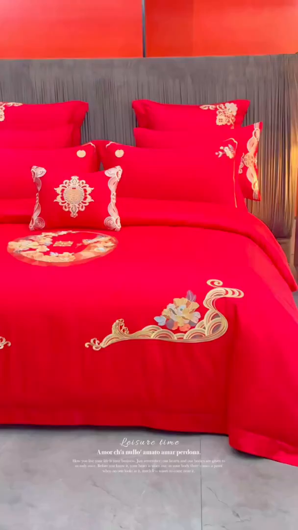 91家纺网 家纺一手货源 找家纺 宏羽纺家纺 2025新款高支高密纯棉婚庆系列四件套 诗情花语