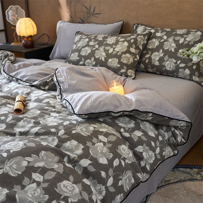 91家纺网 家纺一手货源 找家纺 兰紫橙家纺 2025新款全棉纯棉嵌边色织提花四件套 玫瑰之约-咖啡