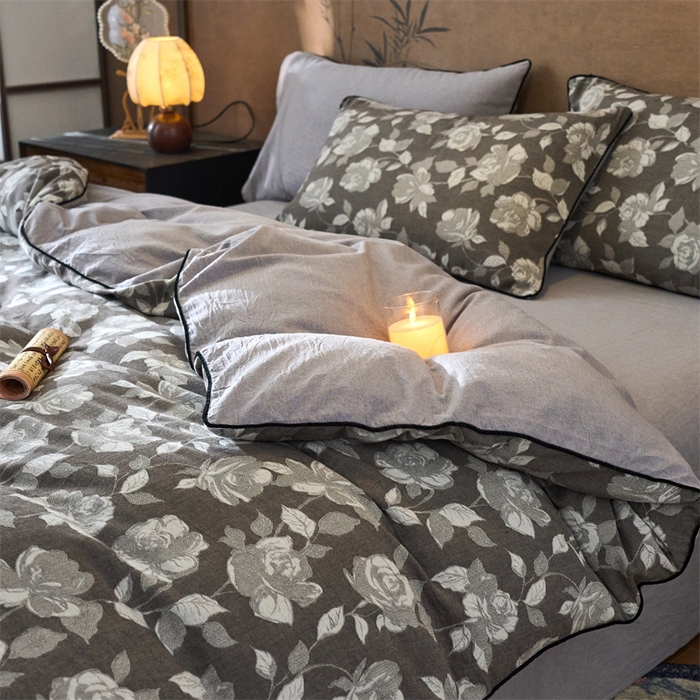 91家纺网 家纺一手货源 找家纺 兰紫橙家纺 2025新款全棉纯棉嵌边色织提花四件套 玫瑰之约-咖啡