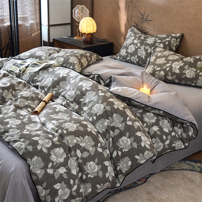 91家纺网 家纺一手货源 找家纺 兰紫橙家纺 2025新款全棉纯棉嵌边色织提花四件套 玫瑰之约-咖啡