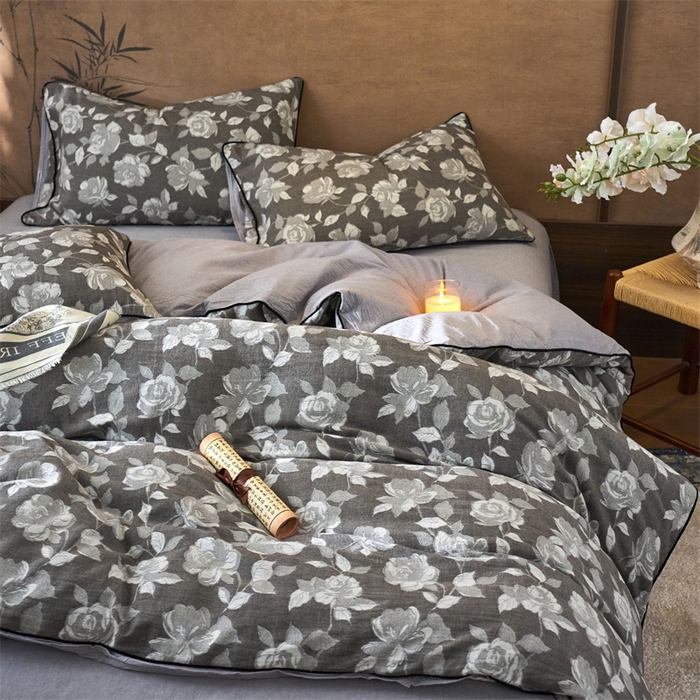 91家纺网 家纺一手货源 找家纺 兰紫橙家纺 2025新款全棉纯棉嵌边色织提花四件套 玫瑰之约-咖啡