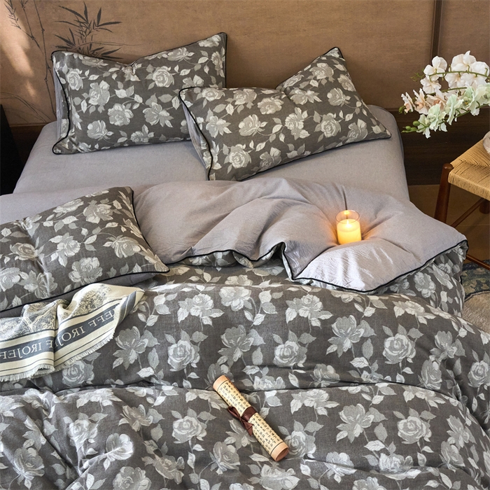 91家纺网 家纺一手货源 找家纺 兰紫橙家纺 2025新款全棉纯棉嵌边色织提花四件套 玫瑰之约-咖啡