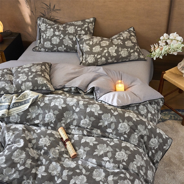 91家纺网 家纺一手货源 找家纺 兰紫橙家纺 2025新款全棉纯棉嵌边色织提花四件套 玫瑰之约-咖啡