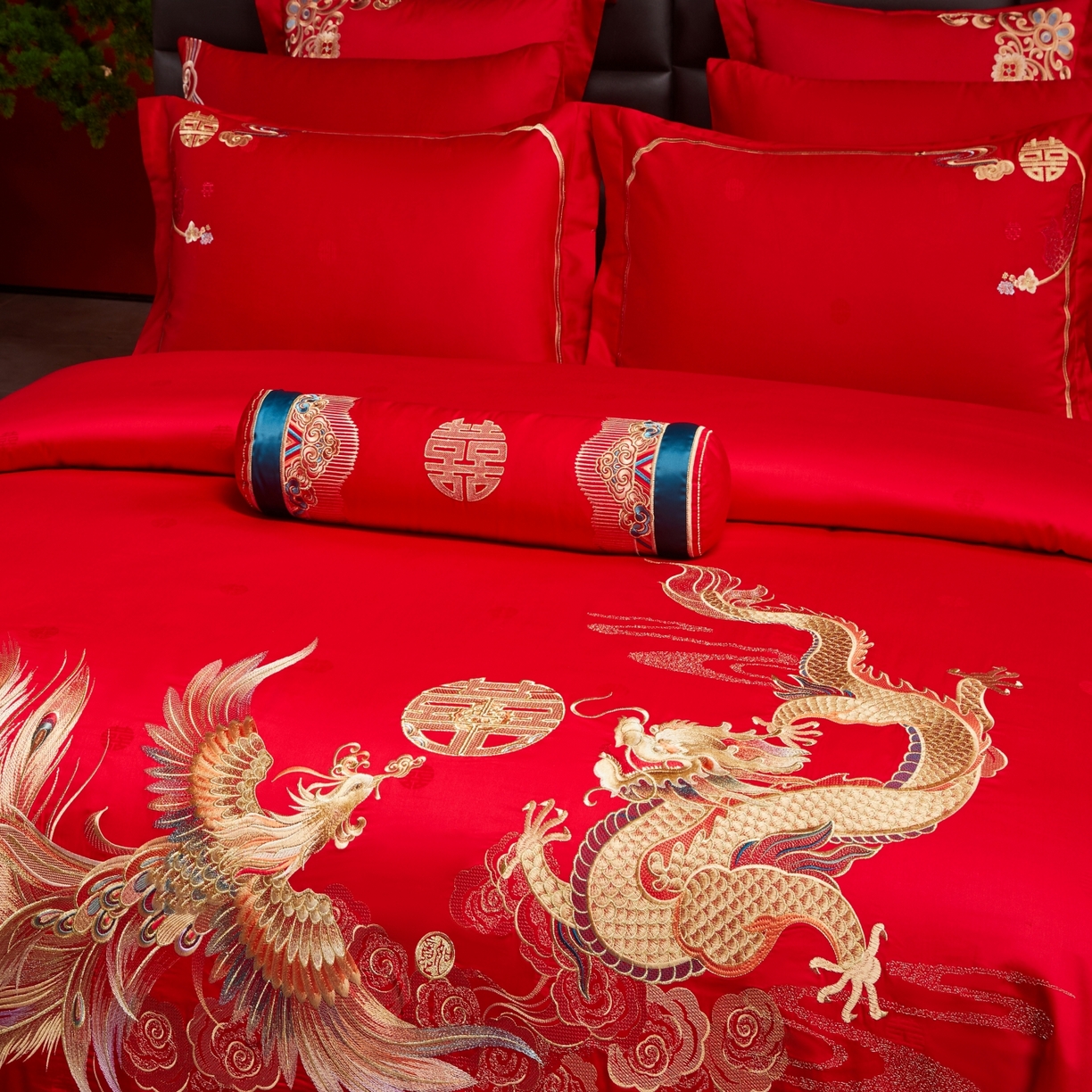 91家纺网 家纺一手货源 找家纺 宏羽纺家纺 2025新款高支高密纯棉婚庆系列四件套 新龙凤爱恋