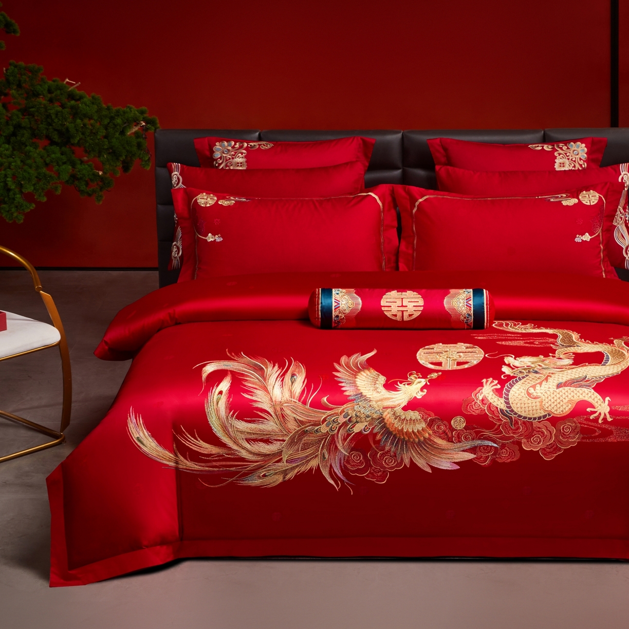 91家纺网 家纺一手货源 找家纺 宏羽纺家纺 2025新款高支高密纯棉婚庆系列四件套 新龙凤爱恋