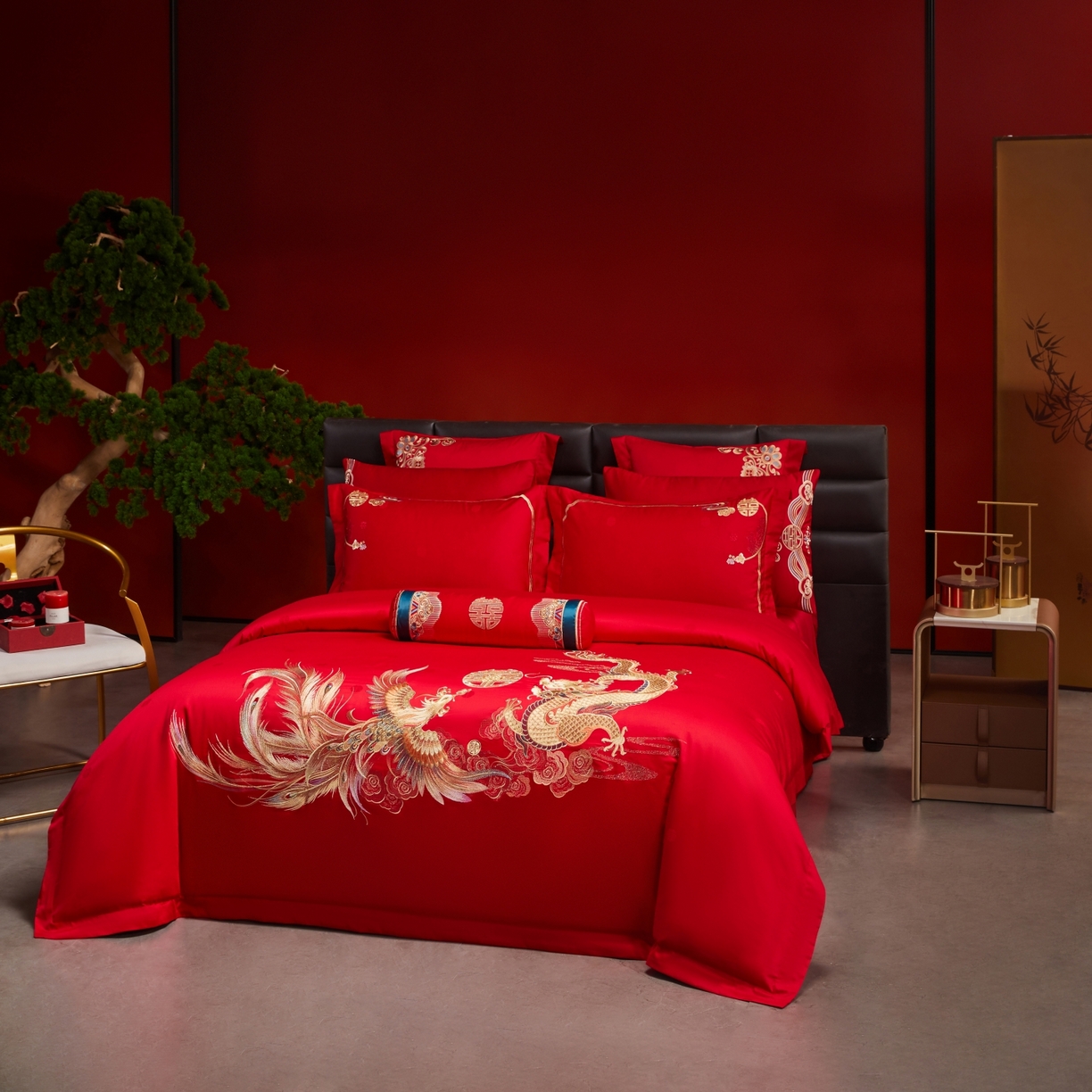 91家纺网 家纺一手货源 找家纺 宏羽纺家纺 2025新款高支高密纯棉婚庆系列四件套 新龙凤爱恋