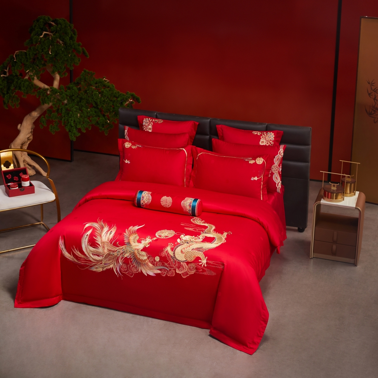 91家纺网 家纺一手货源 找家纺 宏羽纺家纺 2025新款高支高密纯棉婚庆系列四件套 新龙凤爱恋