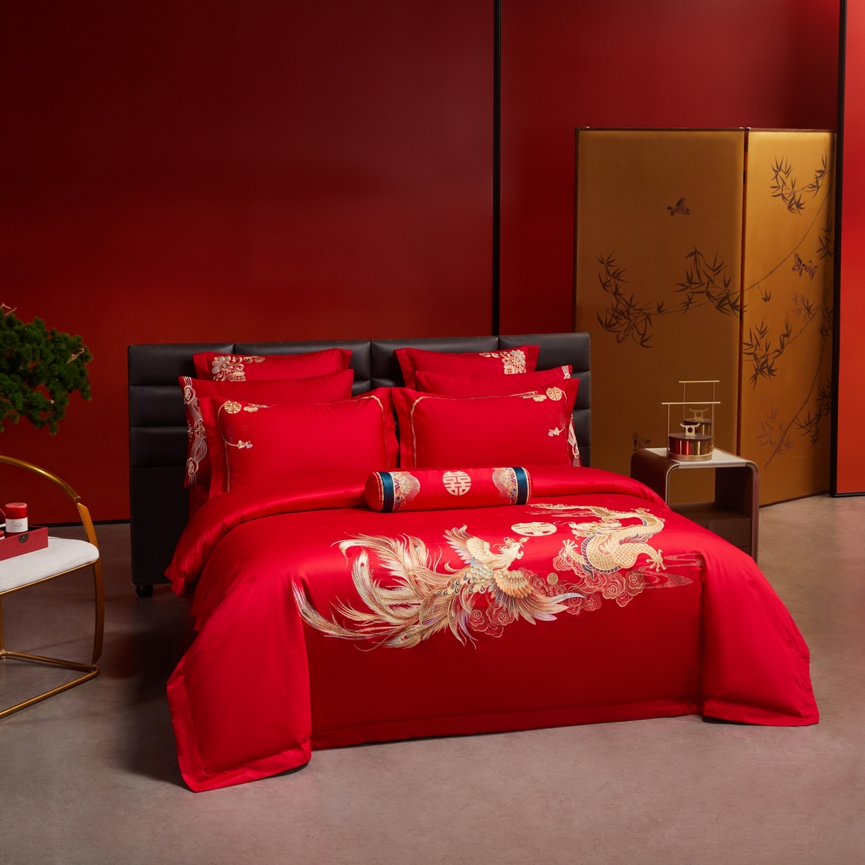 91家纺网 家纺一手货源 找家纺 宏羽纺家纺 2025新款高支高密纯棉婚庆系列四件套 新龙凤爱恋