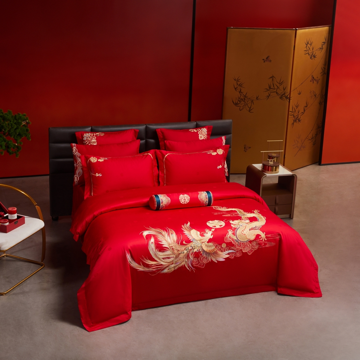 91家纺网 家纺一手货源 找家纺 宏羽纺家纺 2025新款高支高密纯棉婚庆系列四件套 新龙凤爱恋