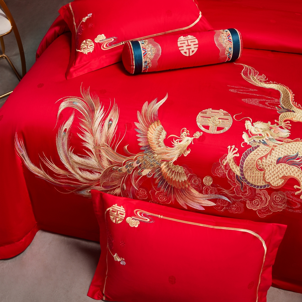 91家纺网 家纺一手货源 找家纺 宏羽纺家纺 2025新款高支高密纯棉婚庆系列四件套 新龙凤爱恋