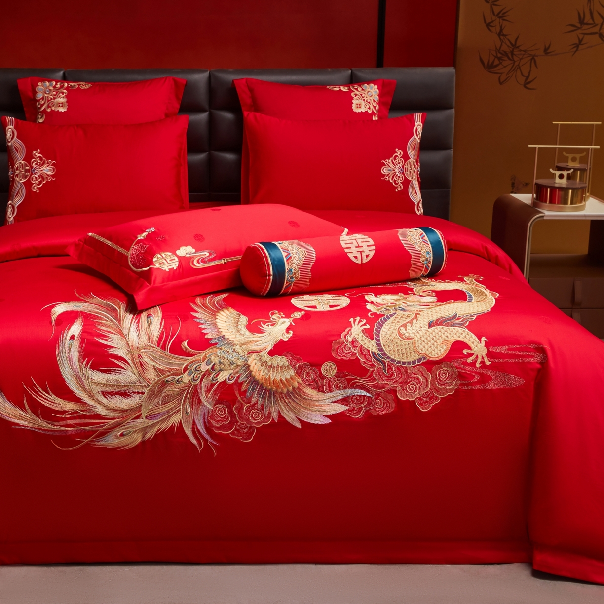 91家纺网 家纺一手货源 找家纺 宏羽纺家纺 2025新款高支高密纯棉婚庆系列四件套 新龙凤爱恋