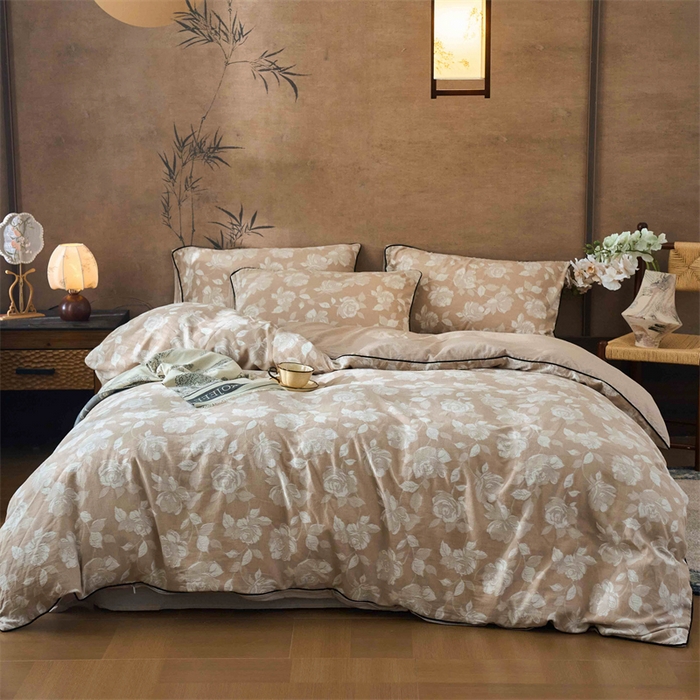 91家纺网 家纺一手货源 找家纺 兰紫橙家纺 2025新款全棉纯棉嵌边色织提花四件套 玫瑰之约-卡其