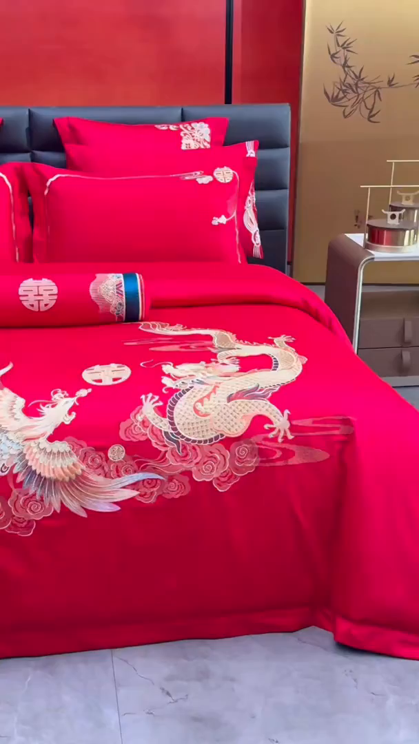 91家纺网 家纺一手货源 找家纺 宏羽纺家纺 2025新款高支高密纯棉婚庆系列四件套 新龙凤爱恋