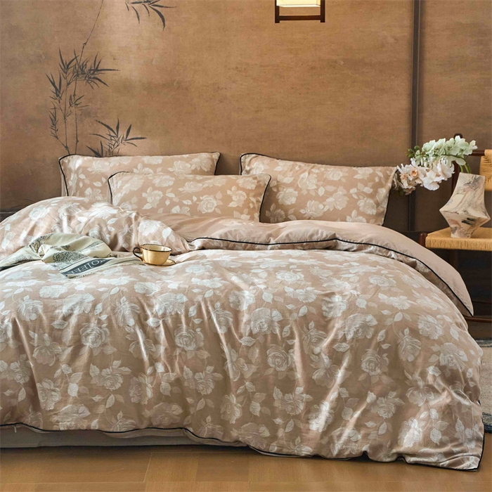 91家纺网 家纺一手货源 找家纺 兰紫橙家纺 2025新款全棉纯棉嵌边色织提花四件套 玫瑰之约-卡其