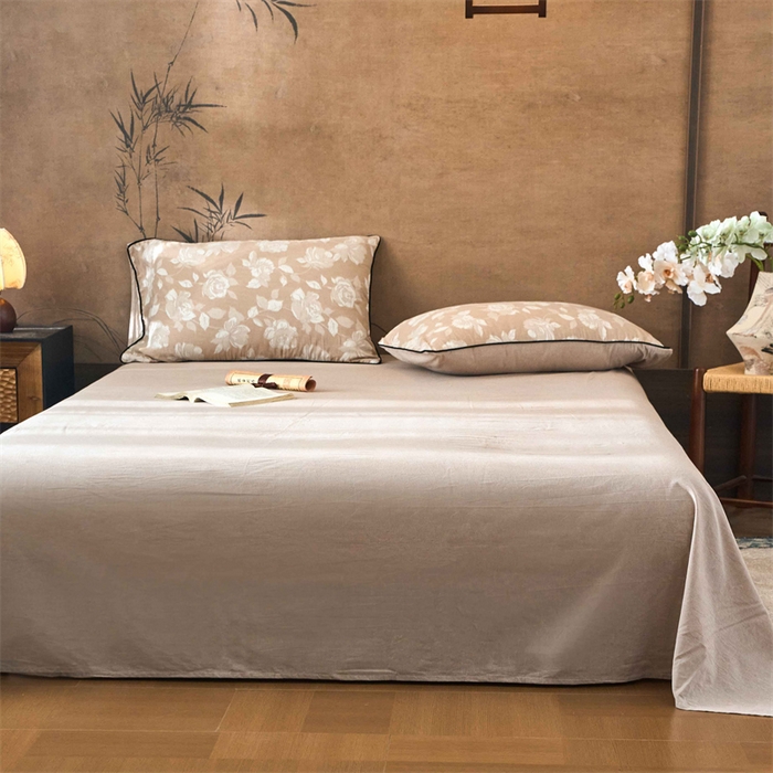 91家纺网 家纺一手货源 找家纺 兰紫橙家纺 2025新款全棉纯棉嵌边色织提花四件套 玫瑰之约-卡其