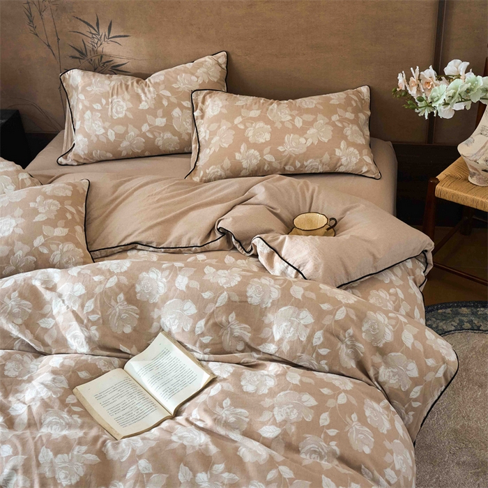 91家纺网 家纺一手货源 找家纺 兰紫橙家纺 2025新款全棉纯棉嵌边色织提花四件套 玫瑰之约-卡其